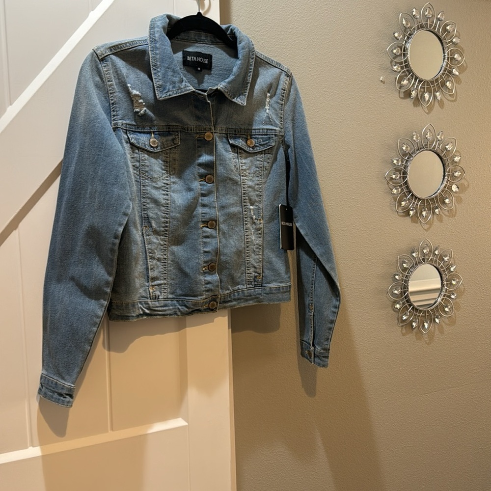 Beta House distressed light blue denim jacket.